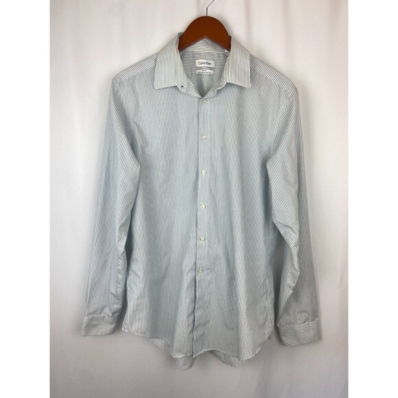 Calvin Klein Mens Button-Down Dress Shirt 16 34/35 Stripe Blue Slim Fit Non-Iron - Picture 2 of 10